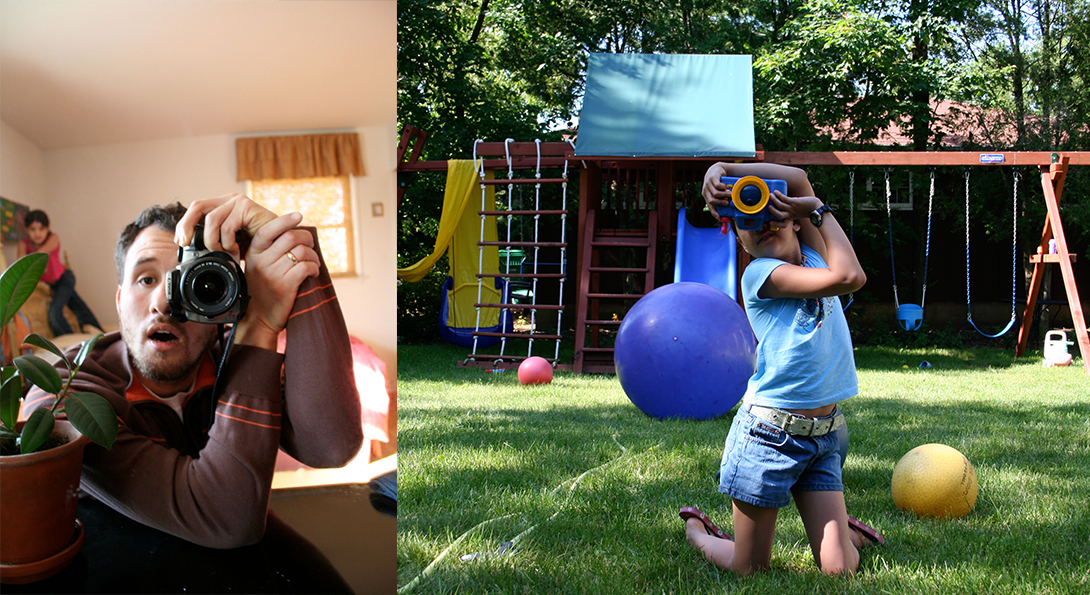 Two photographed next to one another. In the photograph to the left, there is a middle-aged person holding a camera to their eye. In the photograph to the right, there is a young-aged person in a park, holding a camera to their eye in the same position.