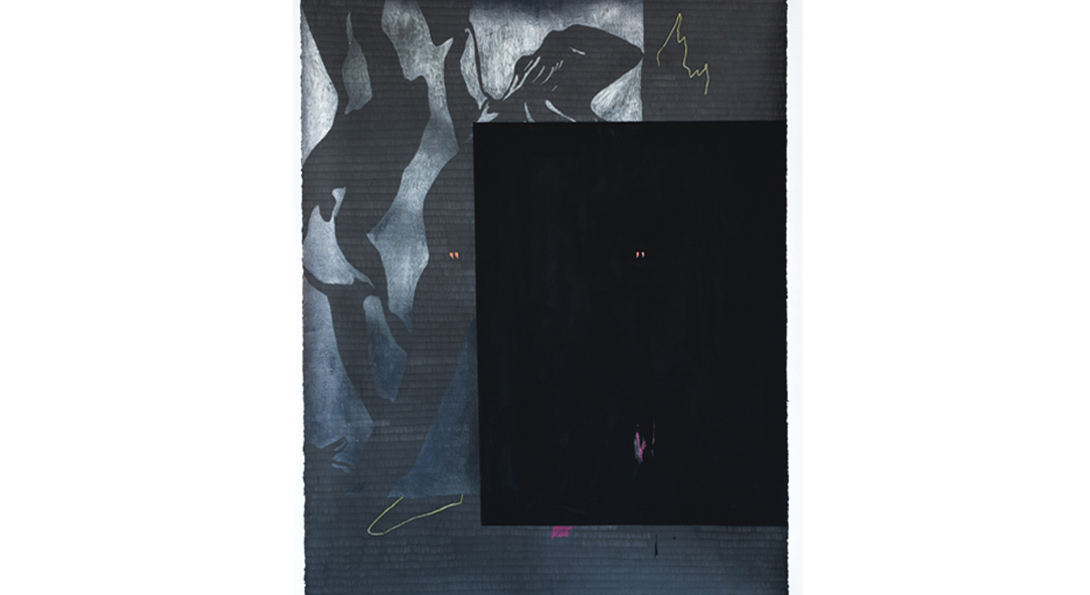 A photograph of a work on paper. Taller than it is wide, colors of black and grey created an abstracted, fluid design in the background. In the foreground on the right side of the image, a darker square of black color is placed. Small lines of yellow peak through the top right and bottom left corners.