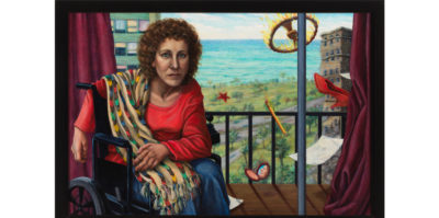 A photograph of a painting. On the left side of the painting, a middle aged person is sitting in a wheelchair looking directly at the viewer. They are wearing a red sweater and holding a printed blanket. Behind them is a balcony from an apartment building with maroon drapes pushed to the sides. Outside the balcony is a green, park landscape with two other apartment buildings, a street, and a lake. On the right side of the painting, a red show, a makeup mirror, a pencil, a star, and a letter, and a wheel on fire are falling in the air.