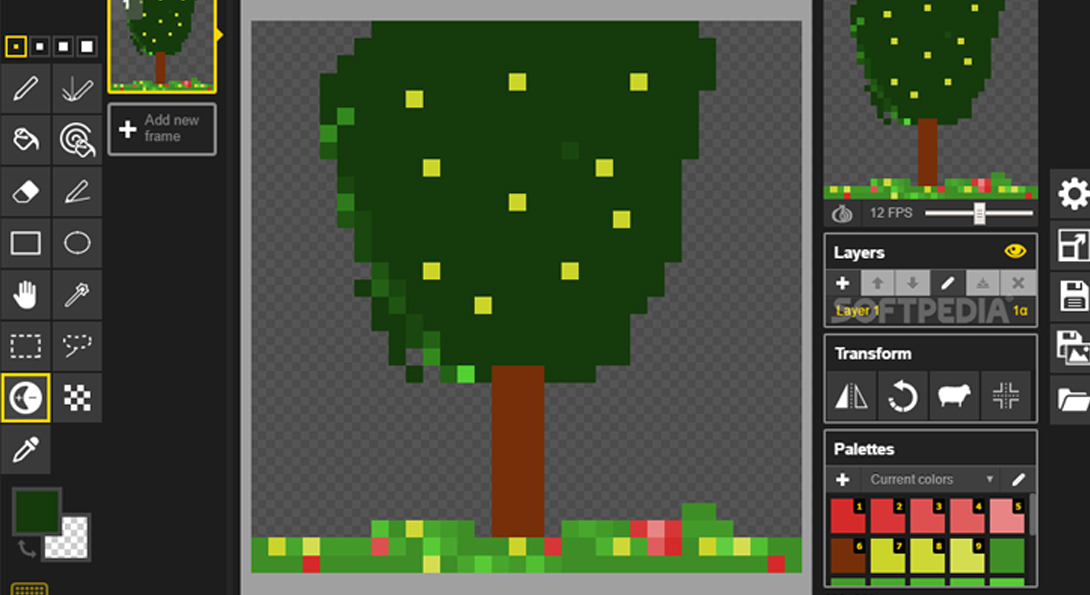 A screen-shotted image of a pixelated computer screen.The pixelated image is of a drawing software, in the center there is a bright green tree.