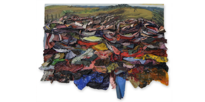 Along with a prairie background, this large painting has multi colored textured acrylic paint films protruding out of the bottom of the canvas, stacked like folded clothing. The sizes of the acrylic films at the lower part are larger in size, are adhered to the bottom and hang off the canvas bottom end. As the stack reaches the upper part of the canvas, the layered pieces become smaller, giving a value of distance.