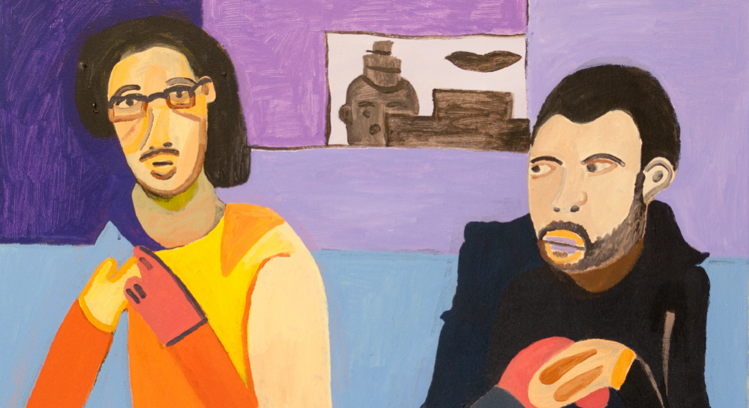 A drawing of two middle-aged people, sitting on a blue couch. The person on the left is looking at the viewer, and the person on the right is looking at the person to the left. The background are walls in different shades of purple.