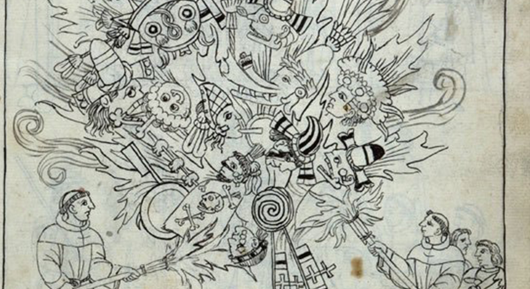 A black ink drawing on white paper. The scene on the paper is of two people holding fire weapons. In the center, there is a group of figures inside of the fire.