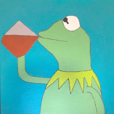 2D Painting of a left-side profile of Kermit the Frog holding a rectangular shaped mug with his right arm to his lips, drinking the tea in front of a cyan blue colored background.