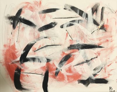 An abstract image of black and white strokes of different sizes overlapping each other, on top of pink-orange colored patches which are painted on a white-cream background. On the right bottom corner is the initial of the artist, A.S., with a date of when this artwork was painted