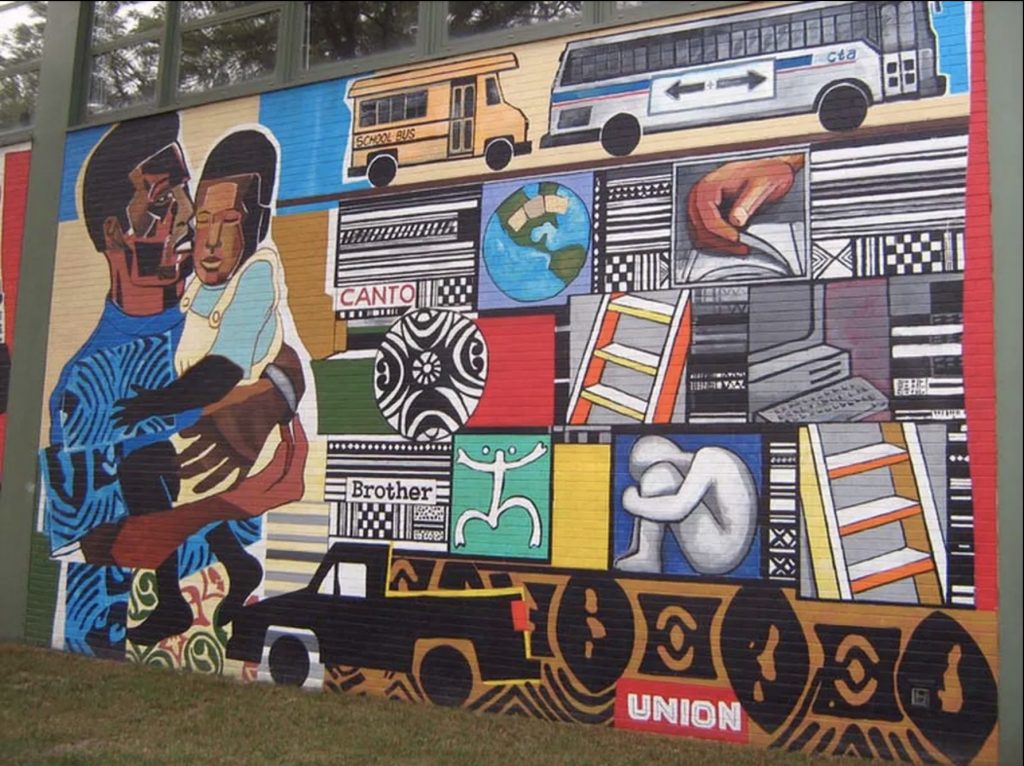 A mural depicting a black man with a child in his arms on the left and a variety of images including a school bus, a CTA bus, a globe with a bandaid on it, a ladder, and a portion of a computer, in a grid pattern to the right.