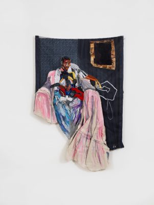 An embroidered piece on a window screen of a black man sitting on the left with multi-colored stitches outlining the clothes and body. To the top right is a small brown frame stitched to the material with a dark brown and black abstract painting.