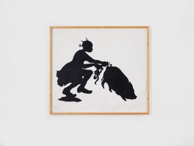 This paper collage in black and white shows a silhouette of a sitting girl pulling out the intestines from a pig’s rectum.