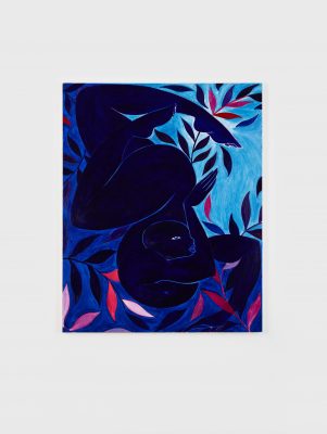 A painting of a dark blue-skinned bald woman is upside down in a twisted pose surrounded by dark blue, pink, and red kelp leaves against a dark and light blue background.