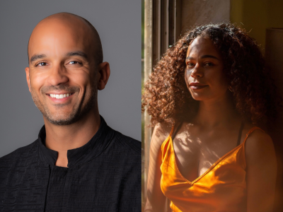 Two headshots side-by-side. On the left, a Black man smiling into the camera in front of a grey backdrop. On the right, a young Black woman wearing a yellow shirt and standing in front of a window.