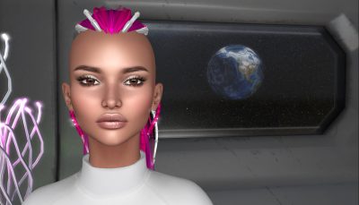 Digitally created image of a young Mohawk girl with short pink hair on a space background.