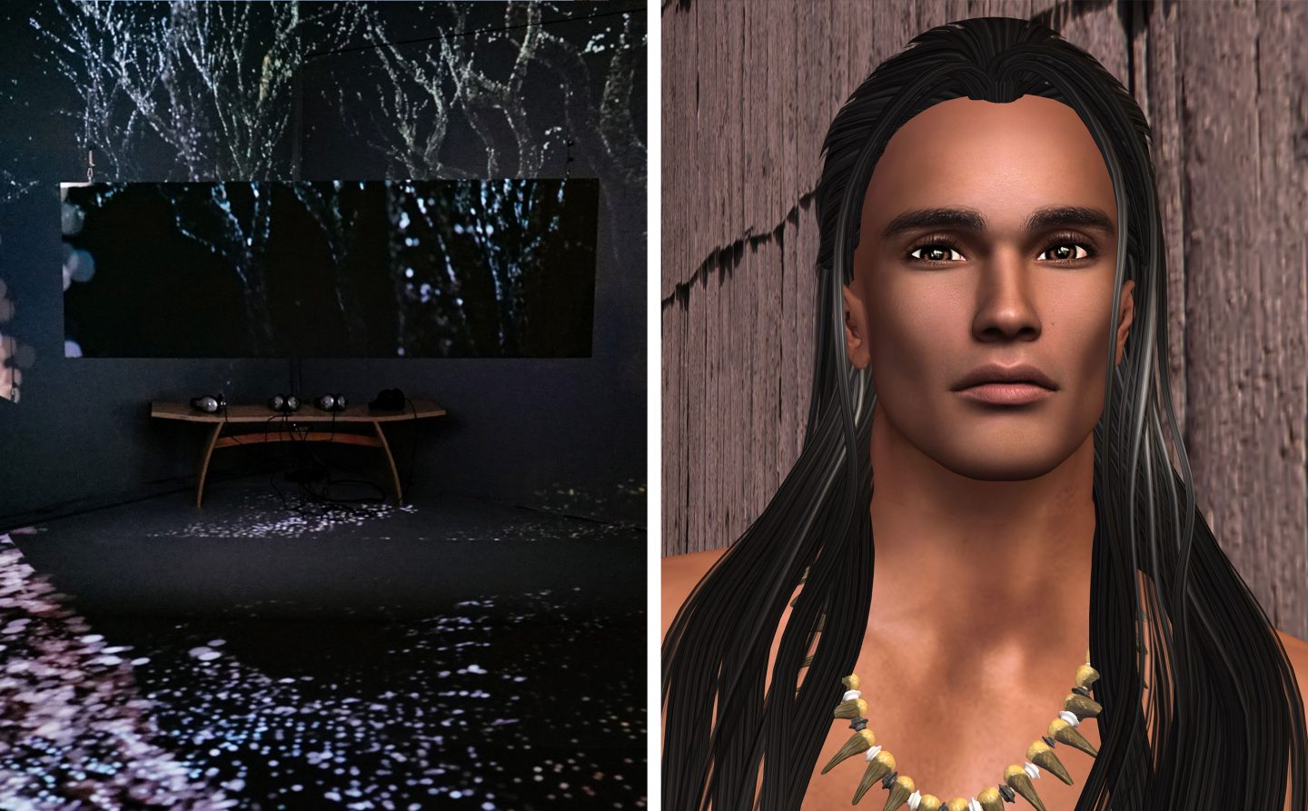 Left side dark room with many dots of light. Right side digitally created image of a young Native man with long hair in a digital outdoor landscape.